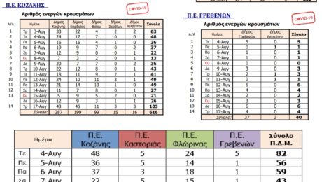 Ενεργά κρούσματα 18082021 στο 14ημερο στη Δυτική Μακεδονία (δείτε ανά νομό και ανά δήμο)