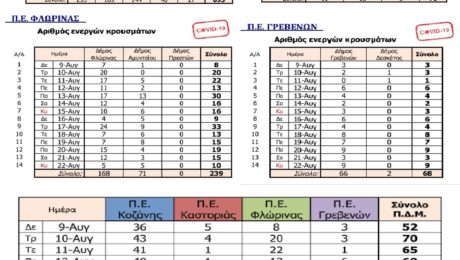 Ενεργά κρούσματα 22082021 στο 14ημερο στη Δυτική Μακεδονία (δείτε ανά νομό και ανά δήμο)